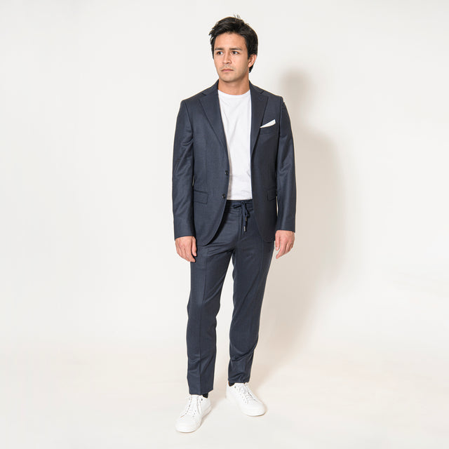 Veste "Fangio" en Laine à Tout Petit Pied de Poule Bleu marine avec Coudières Vitale Barberis Canonico