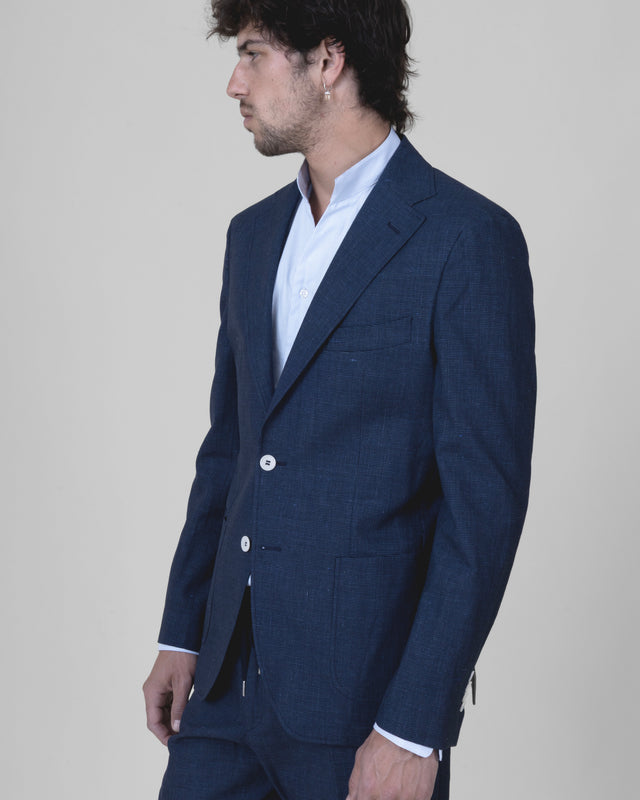 Veste Napolitaine "Laganas" Piquée en Coton Lin Elasthanne Marine & Blanc