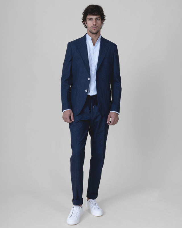 Veste Napolitaine "Laganas" Piquée en Coton Lin Elasthanne Marine & Blanc