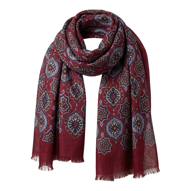 Echarpe Fine Bordeaux en Laine à Motifs Cachemire Ciel / Bleu Marine avec Bords Bordeaux