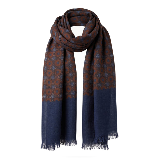 Echarpe Fine Marron en Laine à Motifs Blanc et Bleu Marine et Bordures Bleu Marine