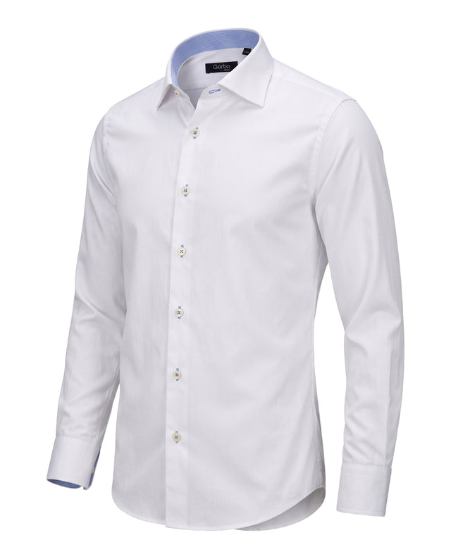 CHEMISE COL ITALIEN BLANCHE AVEC OPPOSITIONS À FINES RAYURES BLEU CIEL