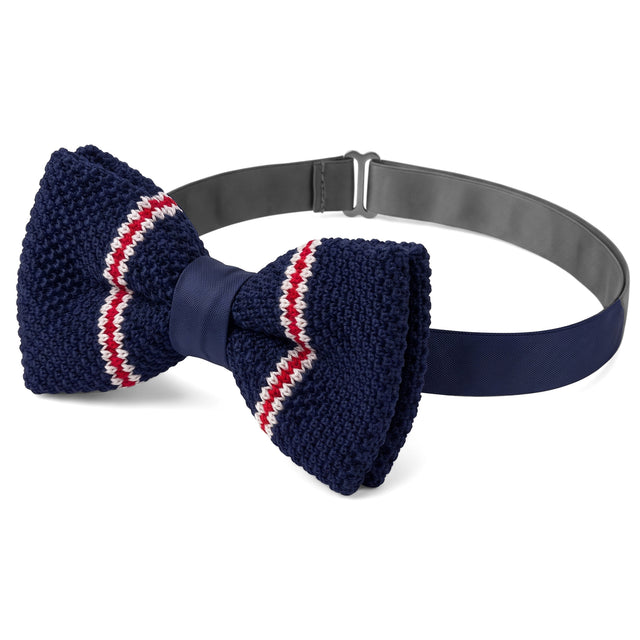 Noeud Papillon Tricot Bleu Marine à Rayure Blanche et Rouge