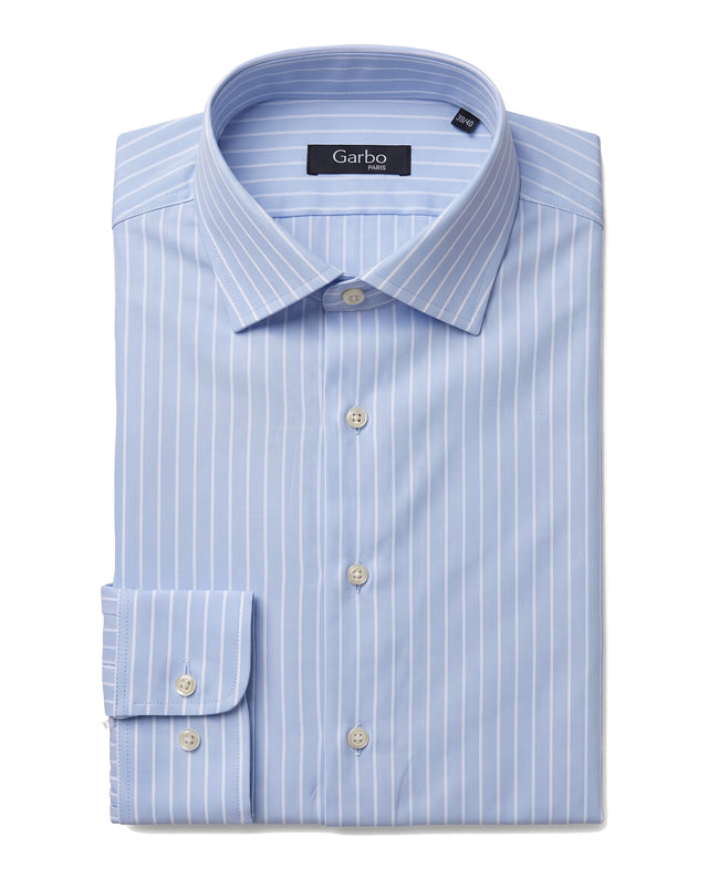 CHEMISE COL ITALIEN BLEU CIEL À RAYURES BLANCHE