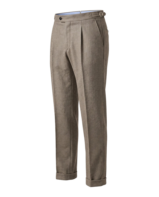 Pantalon à Pinces "Achille" en Flanelle Chevrons Beige