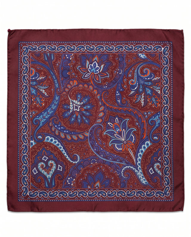 Pochette en Soie Bordeaux Fantaisie à Motifs Cachemire Bleu Marine & Ciel contour Bordeaux