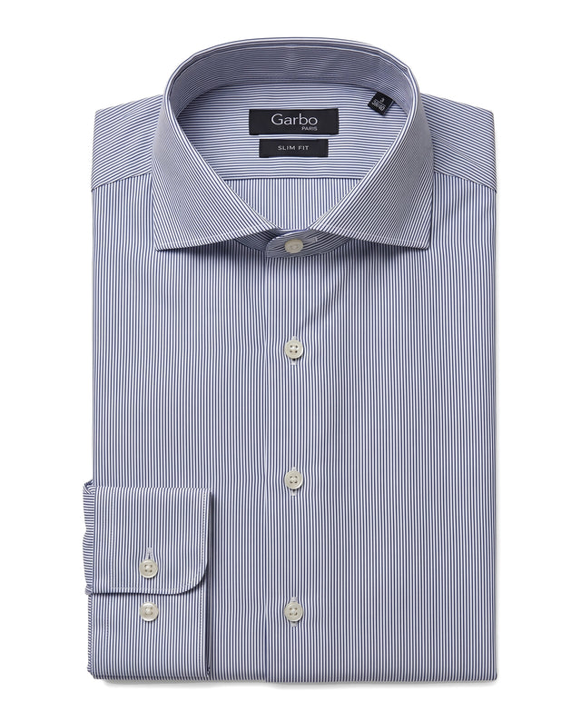 CHEMISE COL CUTAWAY À FINE RAYURE BLEU MARINE