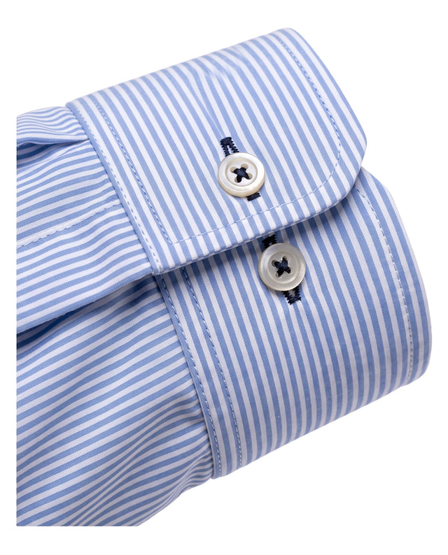 CHEMISE COL ITALIEN À RAYURES BATÔNS BLEU CIEL