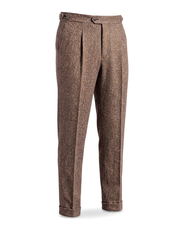 Pantalon à Pinces "Ajax" en Piqué de Flanelle Marron Clair en Laine Mélangée