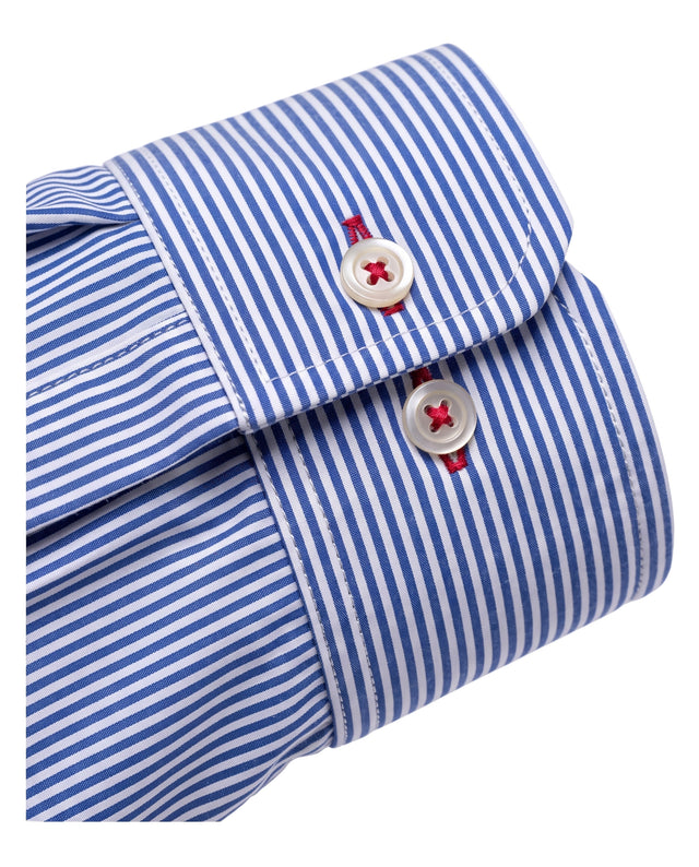 CHEMISE COL ITALIEN À RAYURES BATÔNS BLEU MARINE