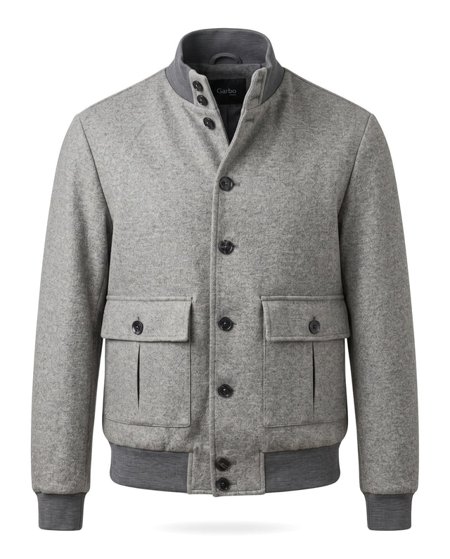 BLOUSON TEDDY EN LAINE MÉLANGÉ ET CACHEMIRE GRIS ET BORD CÔTE GRIS FONCÉ
