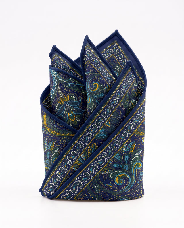 Pochette en Soie Bleu Marine Fantaisie à Motifs Cachemire Jaune Vert contour Bleu Marine