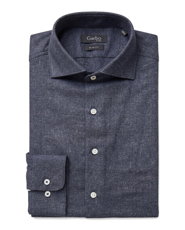 CHEMISE COL CUTAWAY CHINÉE EN LIN & COTON MARINE