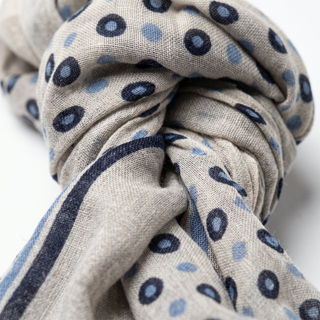 Echarpe Fine Grise en Laine à Motifs Rond Bleu Marine et Bleu Ciel