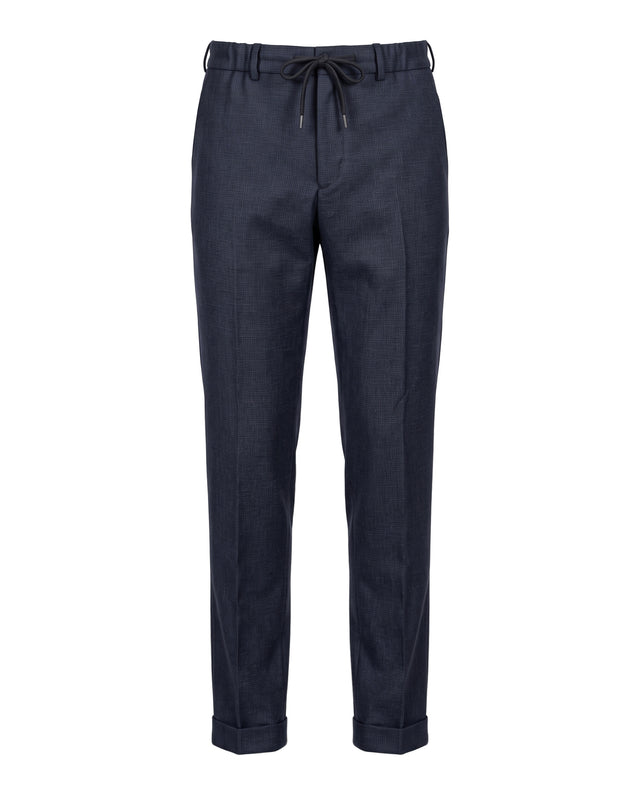 Pantalon "Ménélas" à Lacet amovible en Laine à Micro Pied de Poule Bleu Marine