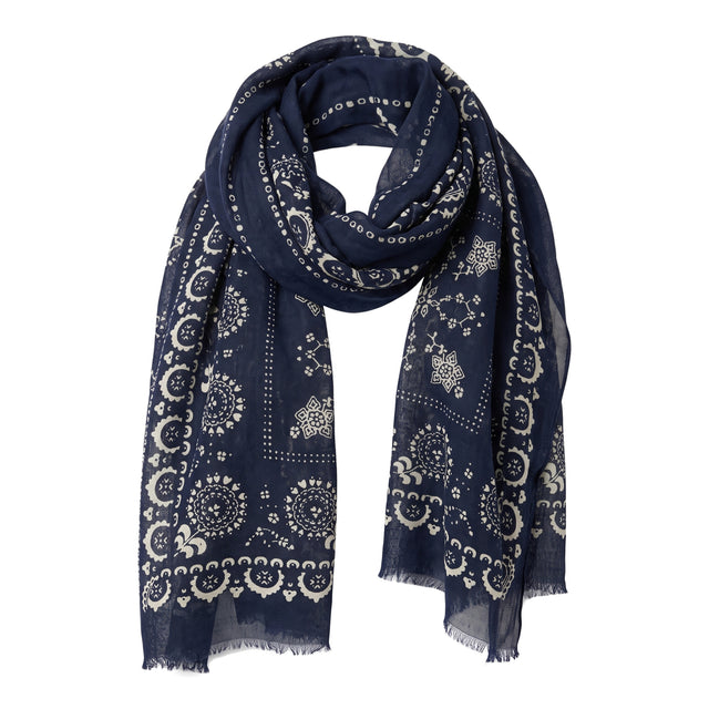 Echarpe Fine Bleu Marine en Laine à Motifs Cachemire Blanc contour Bleu Marine