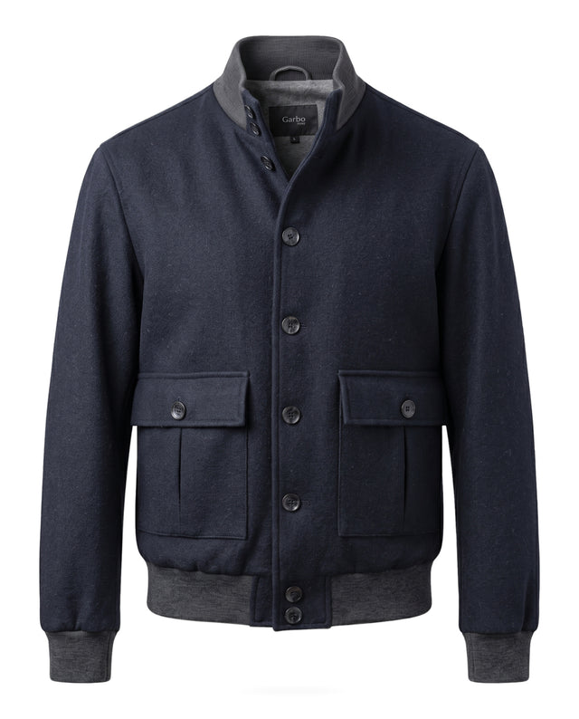 BLOUSON TEDDY EN LAINE MÉLANGÉ ET CACHEMIRE BLEU MARINE ET BORD CÔTE GRIS FONCÉ