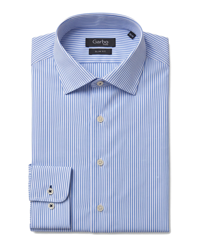 CHEMISE COL ITALIEN À RAYURES BATÔNS BLEU CIEL