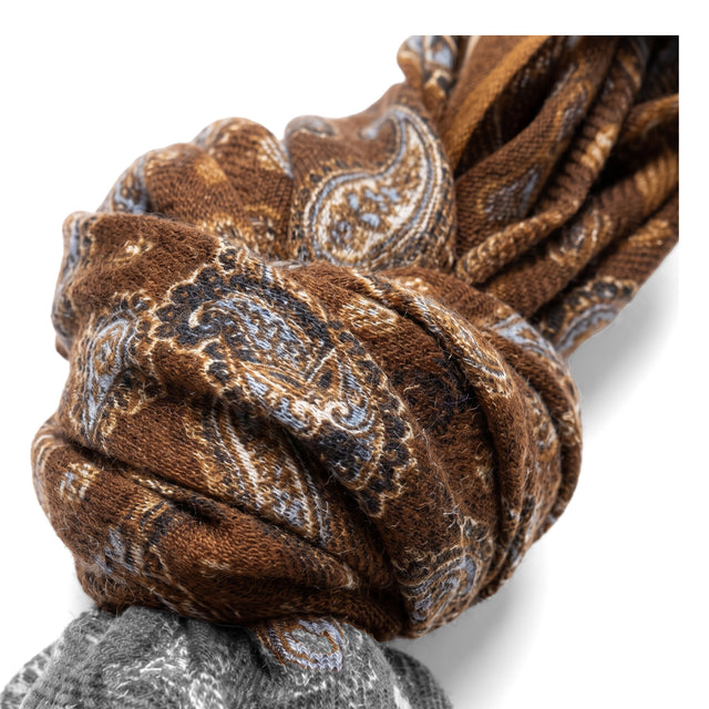Echarpe Fine Marron Clair en Laine à Motifs Cachemire Bleu Marine / Ciel / Écru Contour Marron Clair