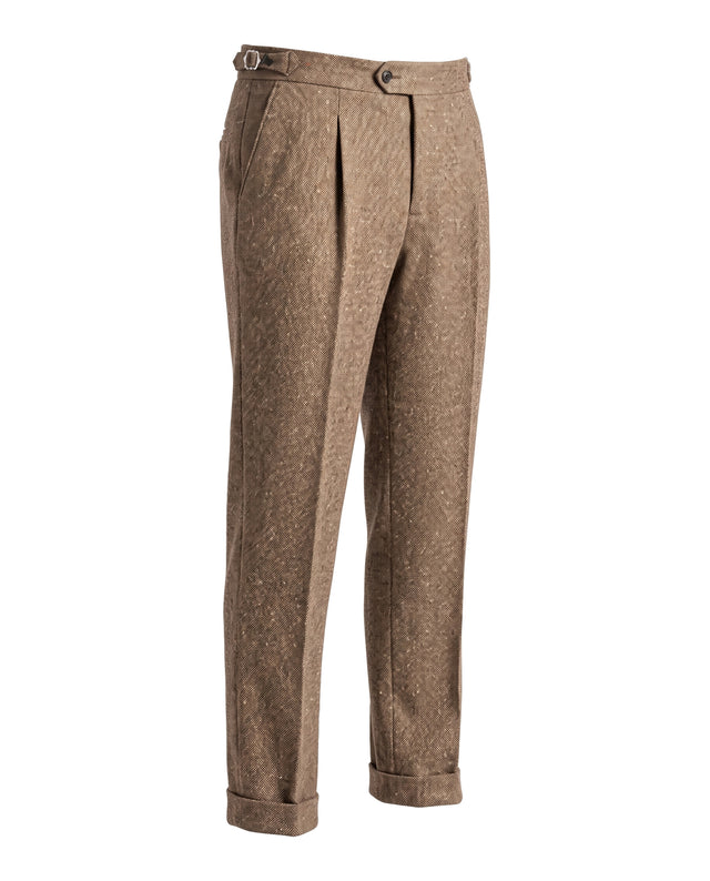 Pantalon à Pinces "Ajax" en Piqué de Flanelle Marron Clair en Laine Mélangée