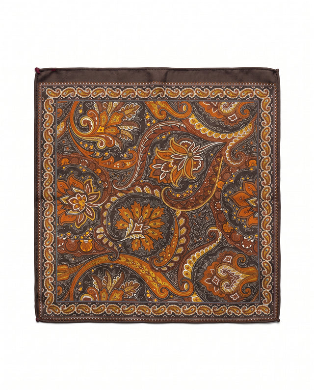 Pochette en Soie marron Fantaisie à Motifs Cachemire Orange et Jaune contour Marron