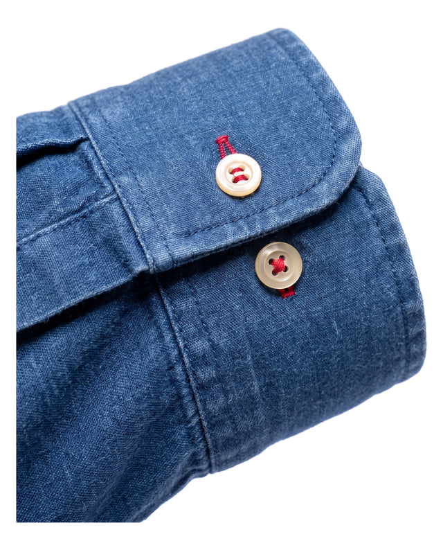 CHEMISE CORFOU EN JEANS CHAMBRAY FONCÉ AVEC GANSE BLEU BLANC ROUGE