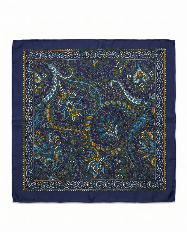 Pochette en Soie Bleu Marine Fantaisie à Motifs Cachemire Jaune Vert contour Bleu Marine