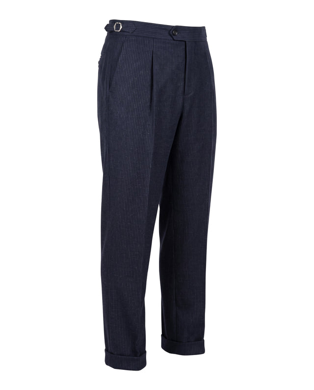 Pantalon à Pinces "Héraclès" en Flanelle Bleu Marine à Rayure Tennis en Laine de Chez Vitale Barberis Canonico®