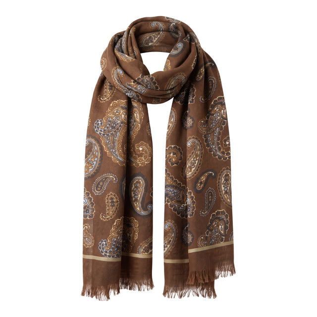 Echarpe Fine Marron Clair en Laine à Motifs Cachemire Bleu Marine / Ciel / Écru Contour Marron Clair