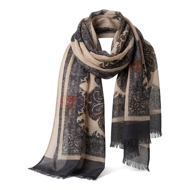 Echarpe Fine Beige Clair en Laine à Motifs Cachemire Noir