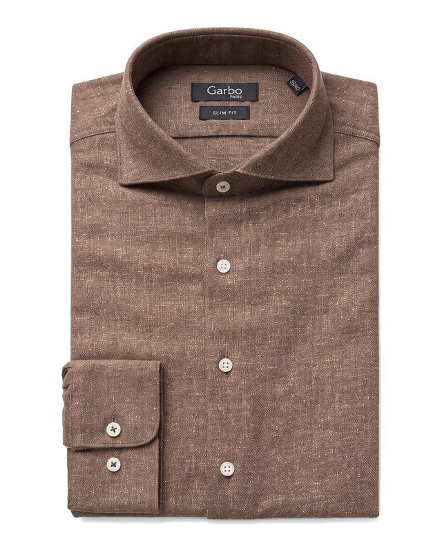 CHEMISE COL CUTAWAY CHINÉE EN LIN & COTON MARRON/CAFÉ