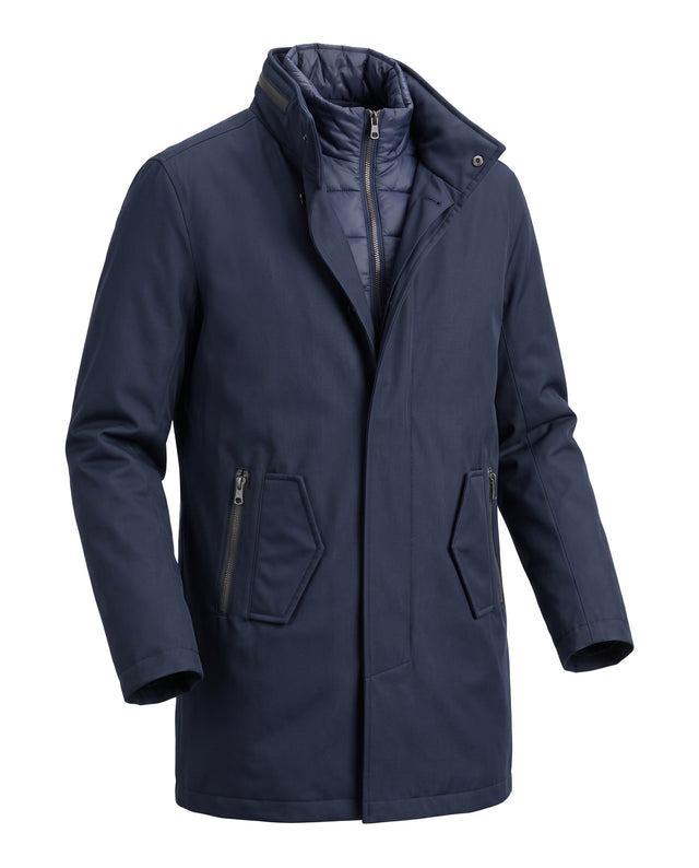 PARKA TECHNIQUE BLEU MARINE AVEC CAPUCHE AMOVIBLE SOUS ZIPPE AU COL