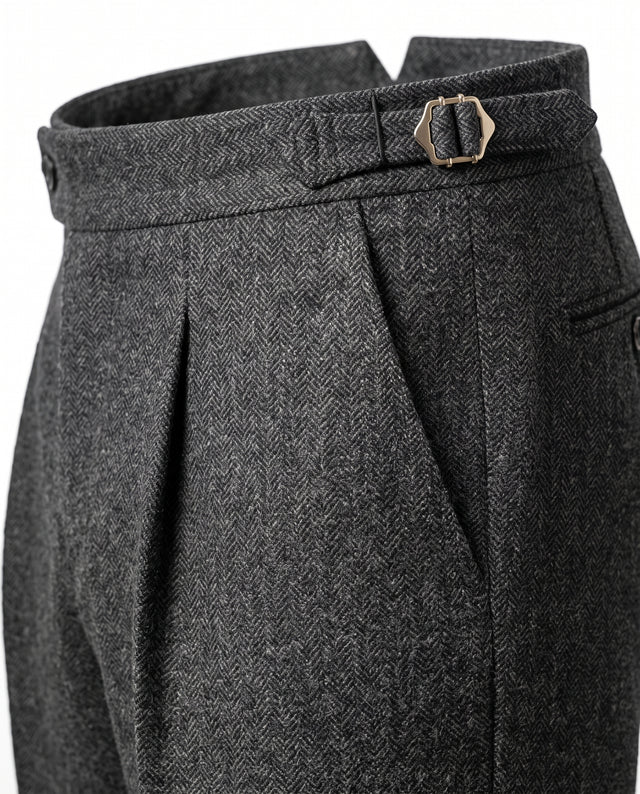 Pantalon à Pinces "Achille" en Flanelle Chevrons Gris Foncé